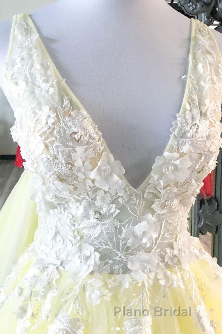 Yellow v neck tulle lace long Formal Prom dress yellow formal dress Secondary image