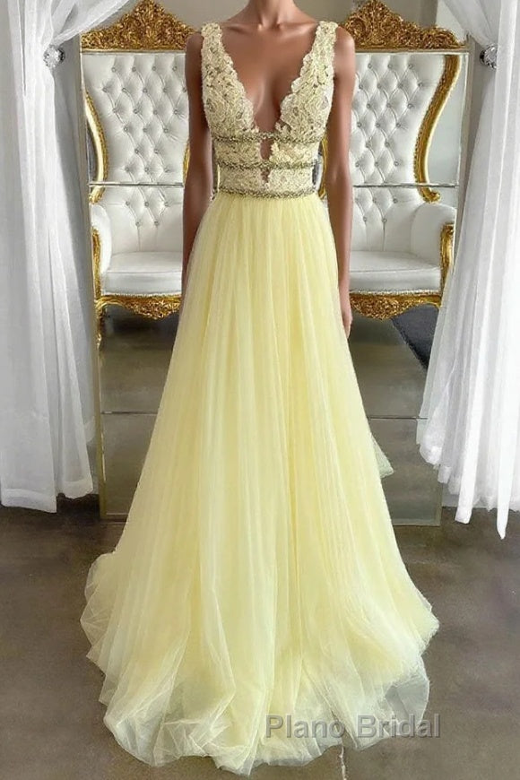 Yellow v neck tulle lace long Formal Prom dress, yellow tulle lace evening dress