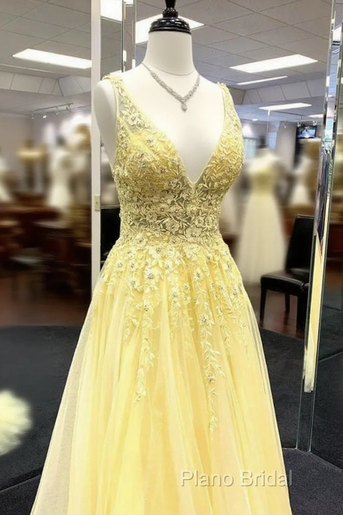Yellow V Neck Tulle Lace Formal Prom Dresses Formal Dresses