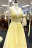 Yellow V Neck Tulle Lace Formal Prom Dresses Formal Dresses