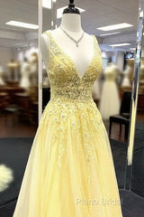 Yellow V Neck Tulle Lace Formal Prom Dresses Formal Dresses