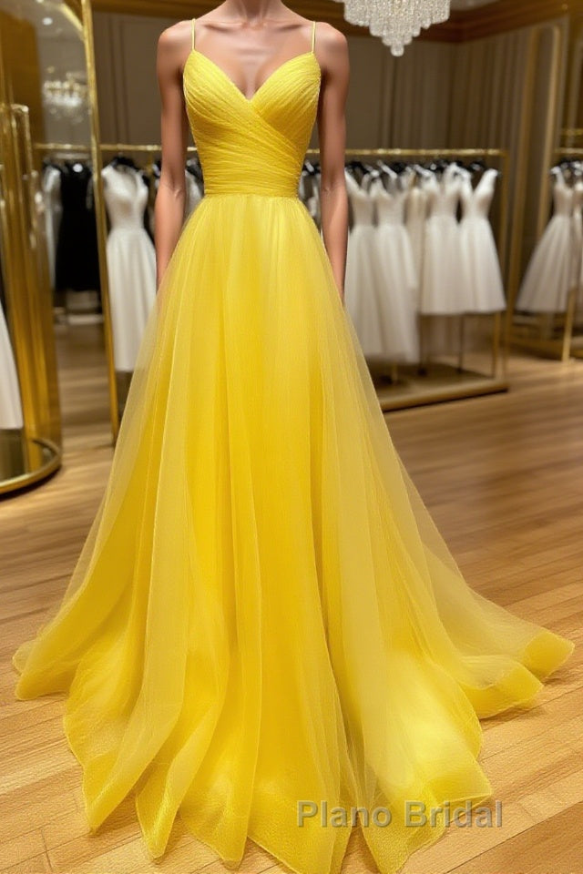 Yellow v neck tulle long Formal Prom dress yellow formal dress Main image