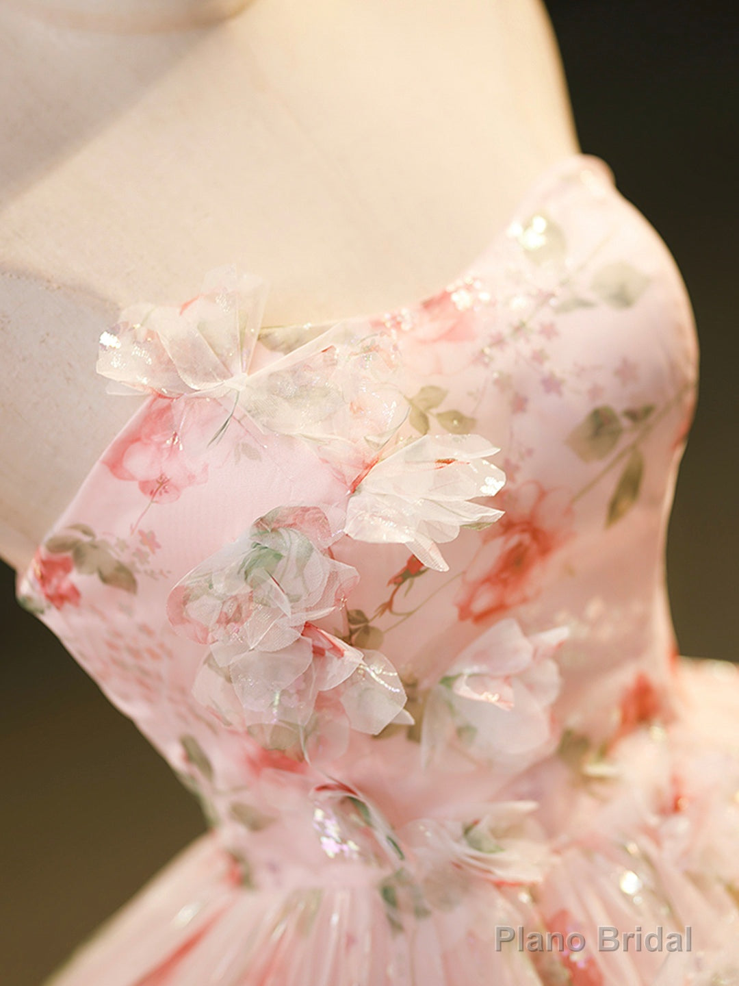 Beautiful Strapless Tulle Flower Long Prom Dress, Pink Ball Gown Formal Dress