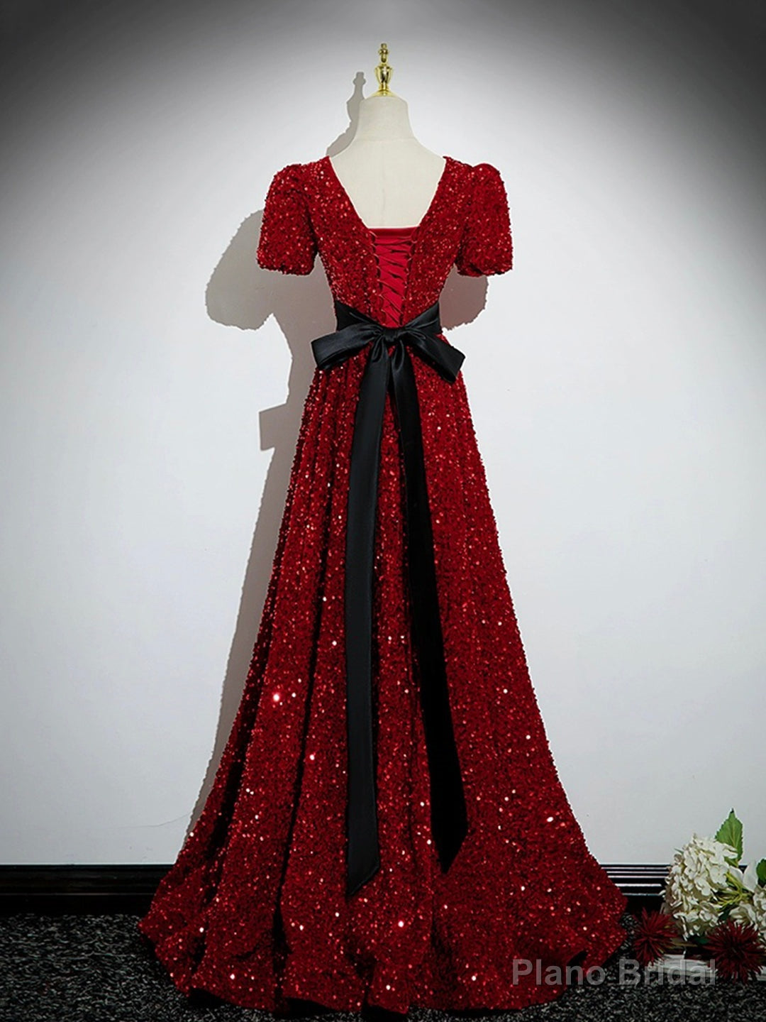 Burgundy V-Neck Sequins Long Prom Dress, A-Line Evening Party Dress with Bow Main image
