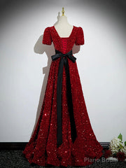 Burgundy V-Neck Sequins Long Prom Dress, A-Line Evening Party Dress with Bow
