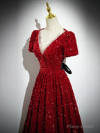 Burgundy V-Neck Sequins Long Prom Dress, A-Line Evening Party Dress with Bow