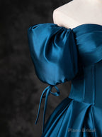 Blue Satin Off the Shoulder Floor Length Prom Dress, Blue A-Line Party Dress