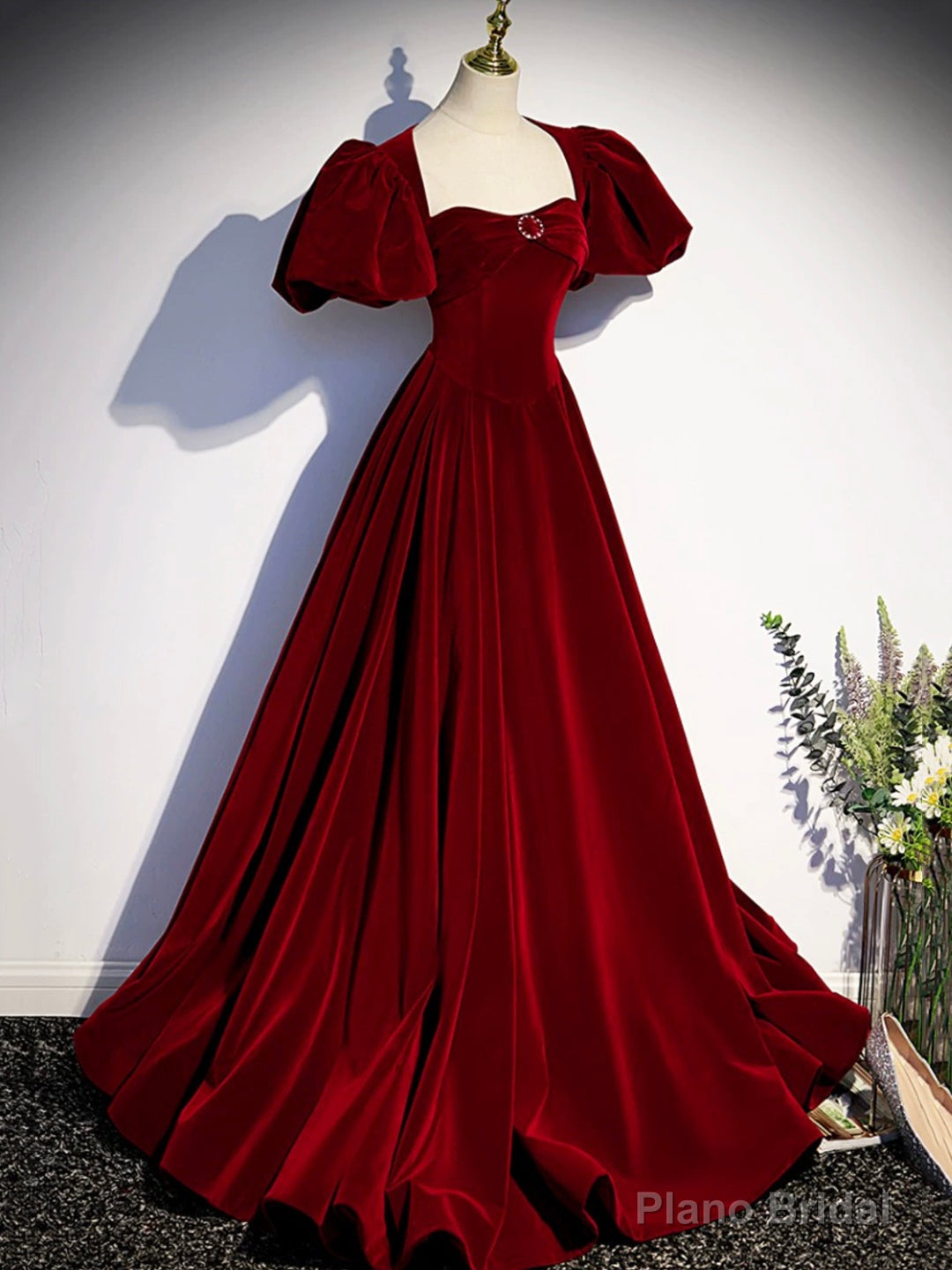 Burgundy Velvet Floor Length Prom Dress, Beautiful Open Back Evening Dress with Pearls Secondary image