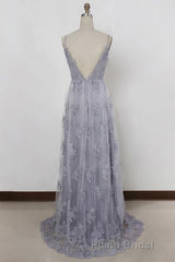 Spaghetti Straps Long Lace Formal Prom Gown, A Line V Neck Sleeveless Prom Dresses