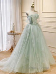 Zoom Light Green Tulle Beaded Sweetheart Long Formal Prom Dresses, A-Line Green Formal Dresses