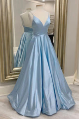 Blue V-Neck Satin Long Prom Dresses, Simple A-Line Evening Dresses