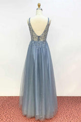 V Neck Misty Blue Long Formal Dress