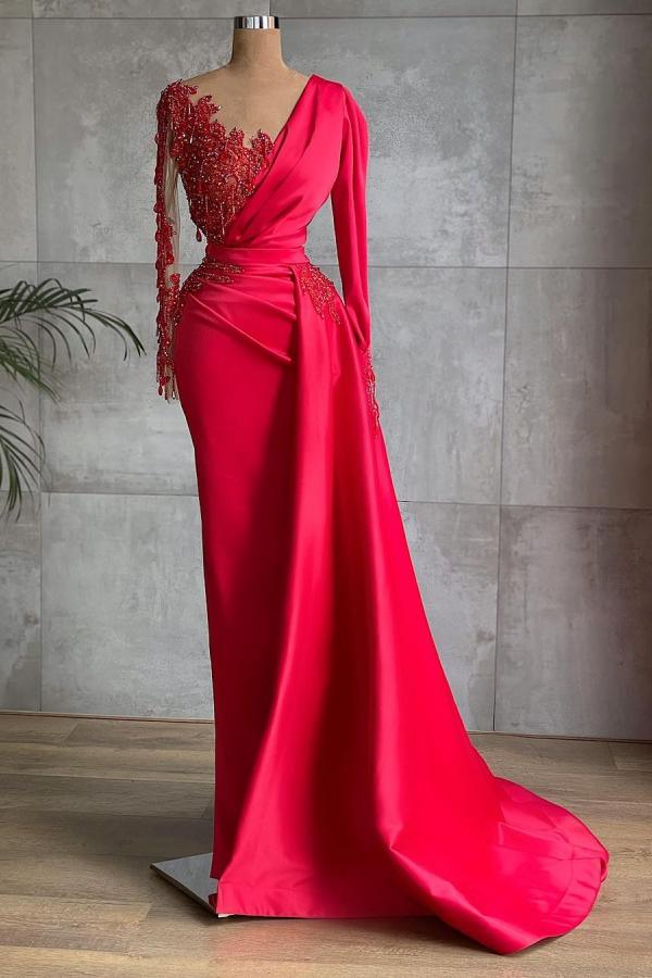 Gorgeous Red Long Sleeve Mermaid Evening Dress Lace Appliques Prom Gown Ruffles