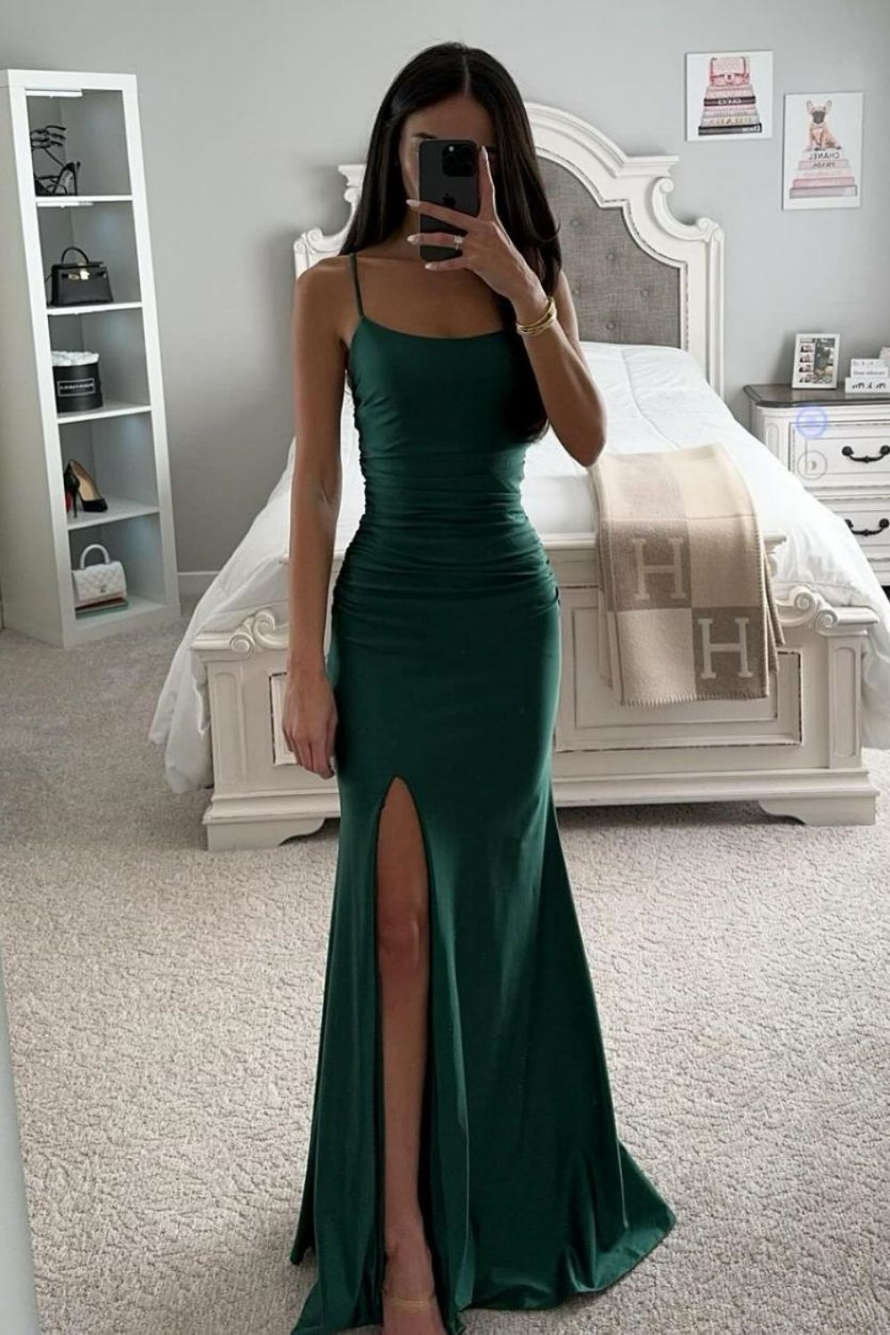 Dark Green Spaghetti Straps Long Mermaid Satin Prom Dress With Slit