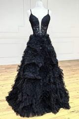 Gorgeous Black Straps Ruffled Long Prom Dress with Appliques