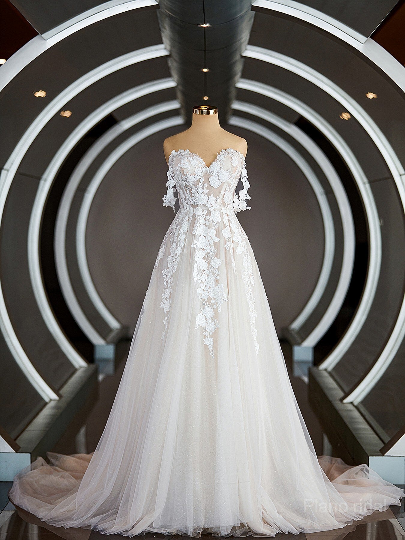 A-Line/Princess Off-the-Shoulder Chapel Train Tulle Wedding Dresses with Appliques Lace Main image