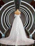 A-Line/Princess Off-the-Shoulder Chapel Train Tulle Wedding Dresses with Appliques Lace