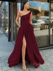 A-Line/Princess One-Shoulder Floor-Length Satin Prom Dresses With Leg Slit