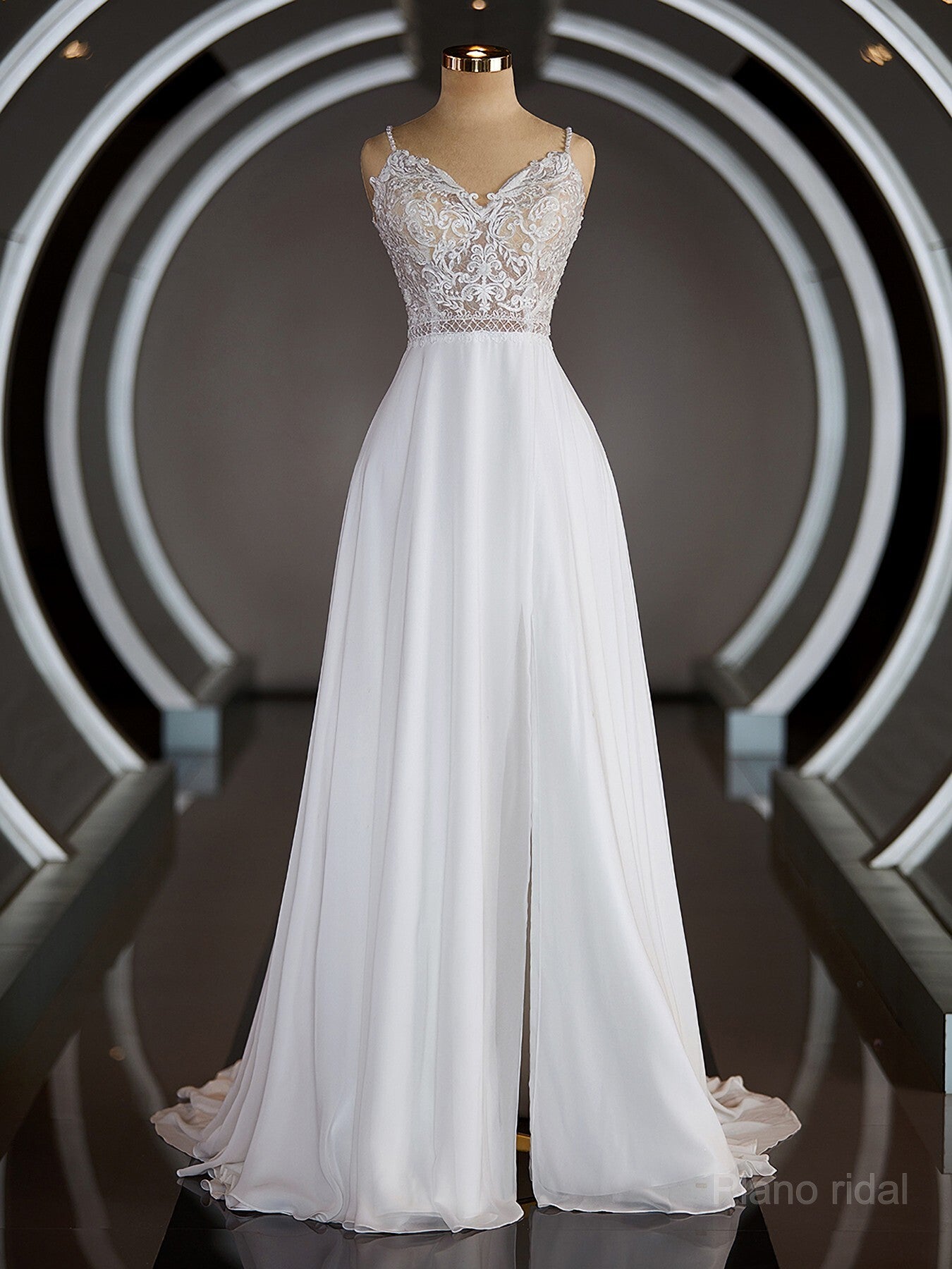 A-Line/Princess V-neck Court Train Chiffon Wedding Dresses with Leg Slit Main image