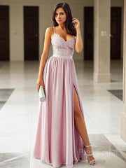 A-Line/Princess V-neck Floor-Length Silk like Satin Prom Dresses With Leg Slit
