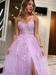 A-Line/Princess V-neck Floor-Length Tulle Prom Dresses With Leg Slit