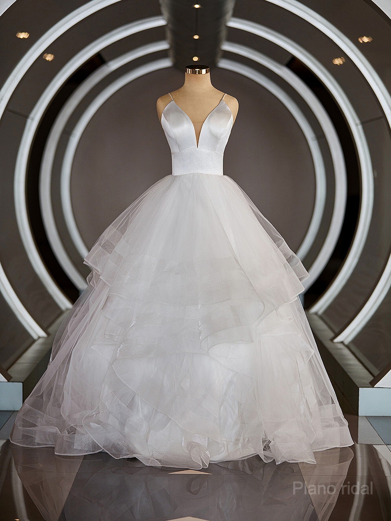 A-Line/Princess V-neck Floor-Length Tulle Wedding Dresses with Ruffles Main image