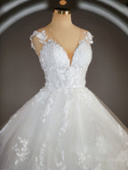 Ball-Gown V-neck Court Train Tulle Wedding Dresses with Appliques Lace