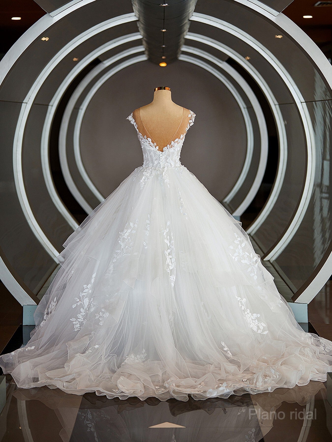 Ball-Gown V-neck Court Train Tulle Wedding Dresses with Appliques Lace