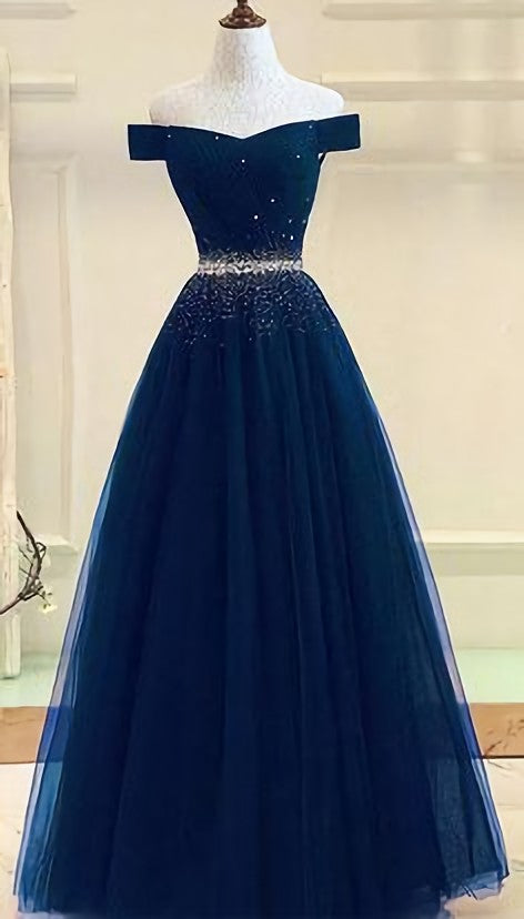 Tulle Prom Gown Off Shoulder Prom Dresses, Long Prom Dress, A Line Evening Dress