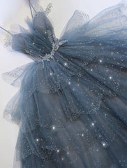 Precioso vestido azul de tul con cuentas de tul azul, vestido formal escalonado con diamantes de imitación