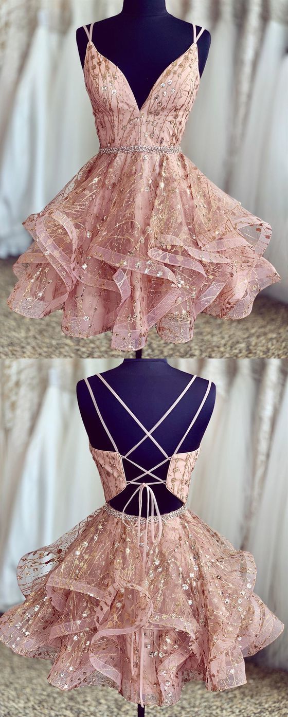 Stunning Pink Short Homecoming Dresses, Shiny Sequined Homecoming Dresses, Ball Gown Formal Dresses, For Teens