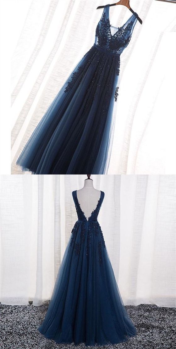 Elegant Navy Blue Prom Dress, Long Backless Prom Dress, Prom Dress With Appliques
