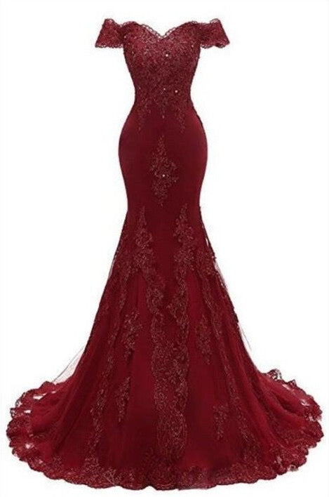 Prom Dresses Casual, Gorgeous Burgundy Prom Party Gowns| Mermaid Lace Evening Gowns