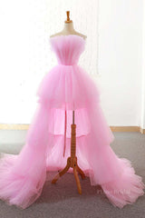 Gorgeous High Low Pink Tulle Long Prom Dresses, Pink Tulle Formal Graduation Evening Dresses