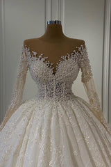 Gorgeous Lace Long Sleeve Beads Ball Gown Wedding Dress