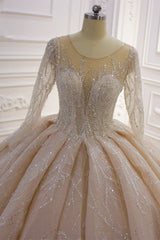Gorgeous Long Ball Gown Bateau Crystal Wedding Dress with Sleeves