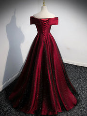 Gorgeous Wine Red Satin Off Shoulder Party Dress , Wine Red Prom Dresses