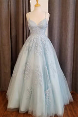Light Blue Straps Appliques Tulle A-line Long Prom Dress