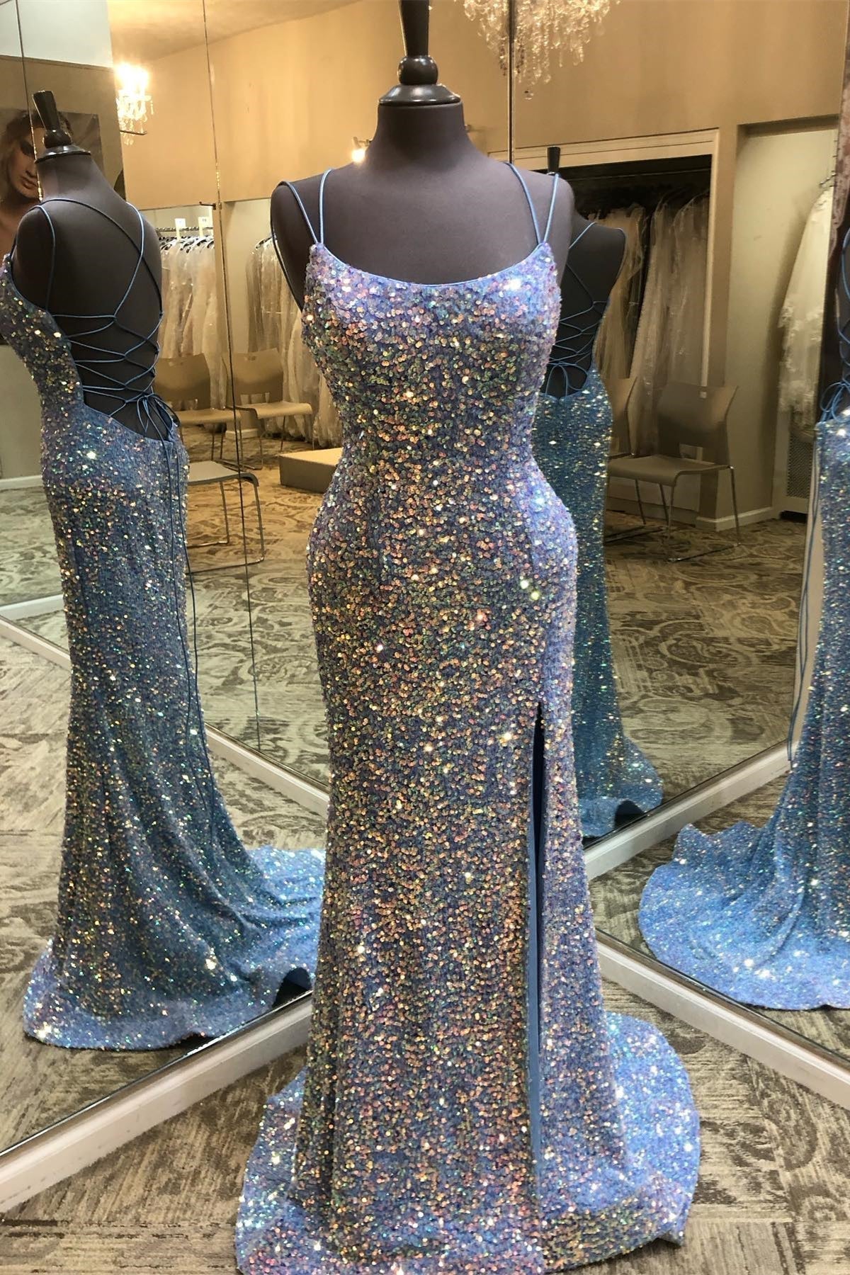 Blue Double Straps Lace-Up Sequins Long Prom Dress with Slit