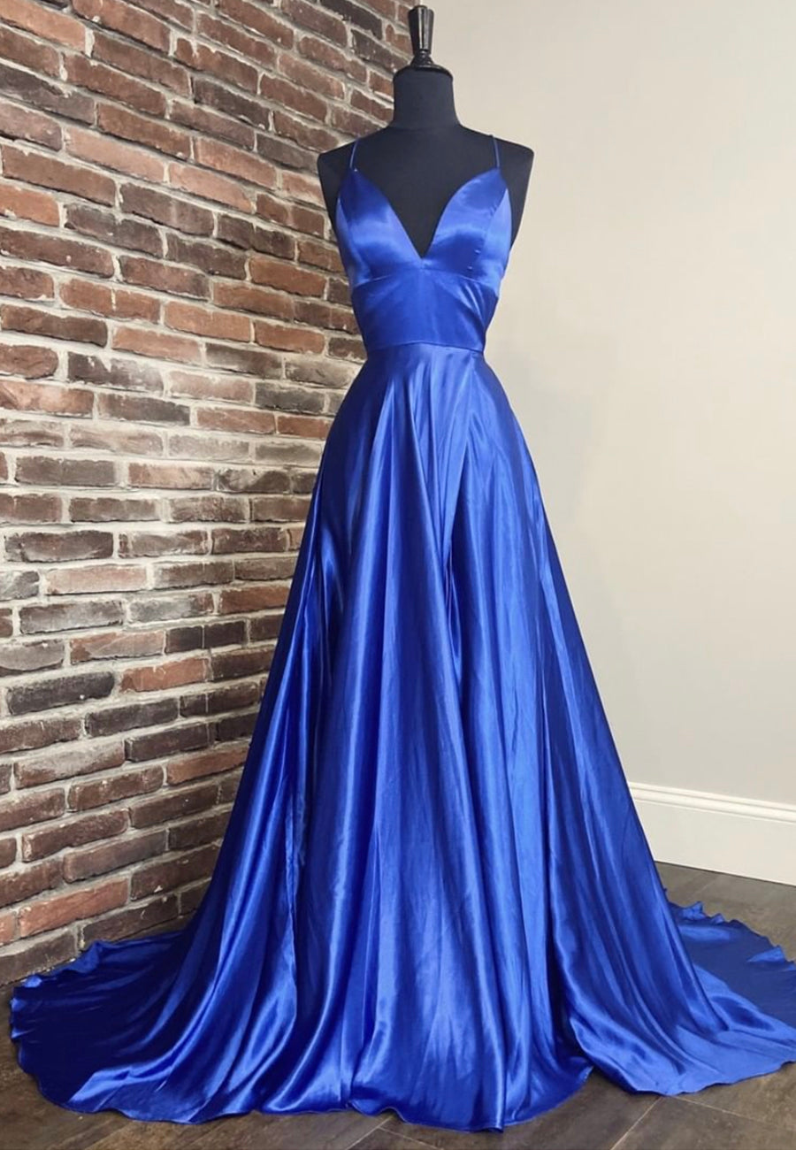 Blue V-Neck Satin Long Prom Dresses, Simple Evening Dresses