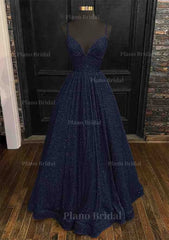 Princess A Line V Neck Spaghetti Straps Long Floor Length Sequined Prom Dress With Pleated