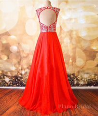 Round Neck Beaded Red Prom Dresses, Red Formal Dresses, Red Evening Dresses