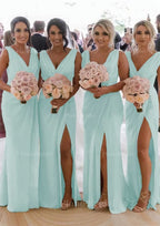 Sheath Column Cowl Neck Sleeveless Chiffon Bridesmaid Dresses With Pleated Split