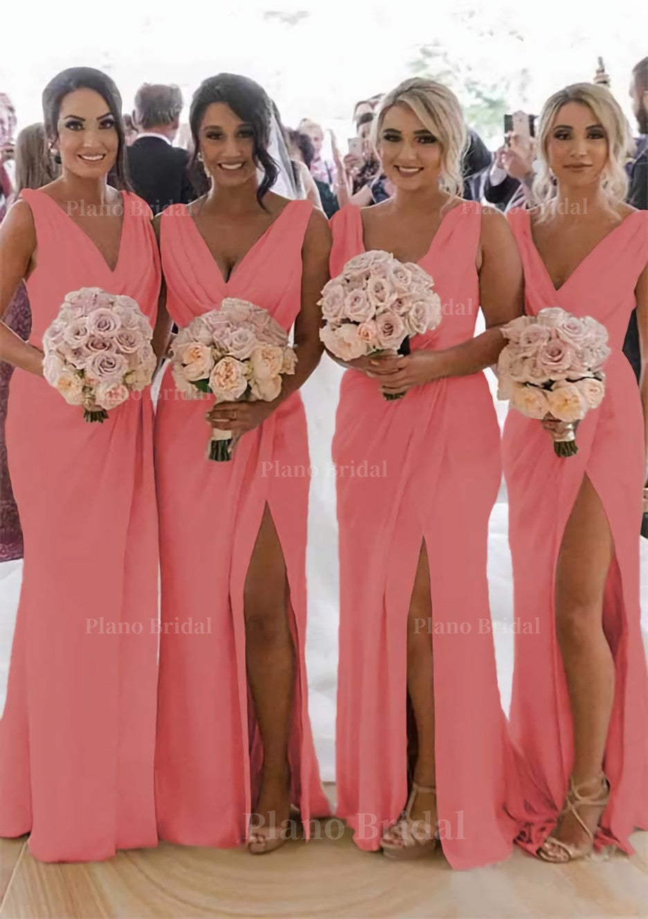 Sheath Column Cowl Neck Sleeveless Chiffon Bridesmaid Dresses With Pleated Split