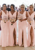 Sheath Column Cowl Neck Sleeveless Chiffon Bridesmaid Dresses With Pleated Split