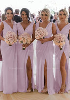 Sheath Column Cowl Neck Sleeveless Chiffon Bridesmaid Dresses With Pleated Split