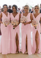 Sheath Column Cowl Neck Sleeveless Chiffon Bridesmaid Dresses With Pleated Split