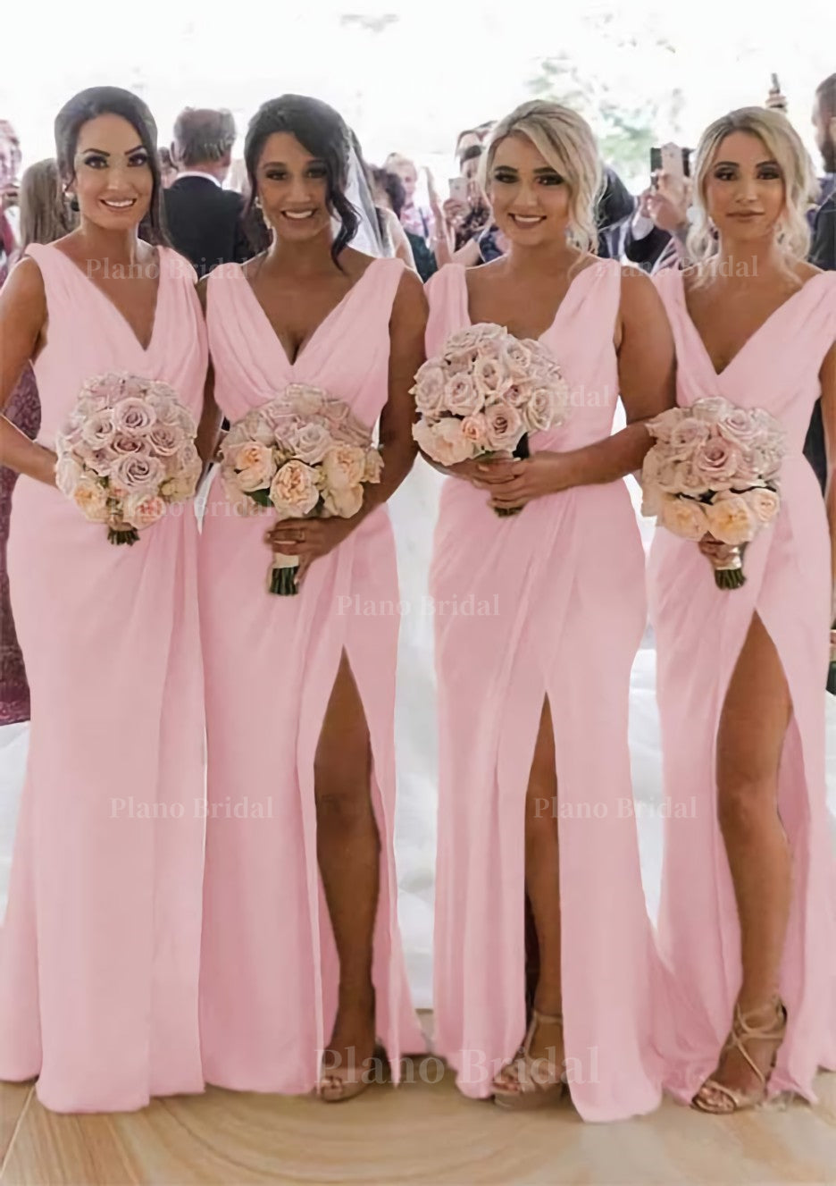 Sheath Column Cowl Neck Sleeveless Chiffon Bridesmaid Dresses With Pleated Split