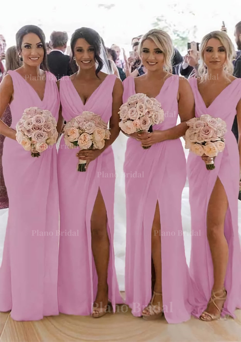 Sheath Column Cowl Neck Sleeveless Chiffon Bridesmaid Dresses With Pleated Split