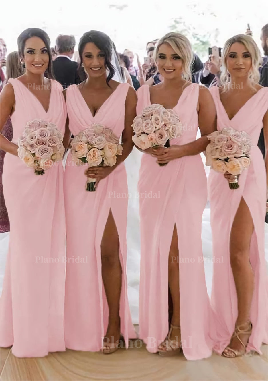 Sheath Column Cowl Neck Sleeveless Chiffon Bridesmaid Dresses With Pleated Split